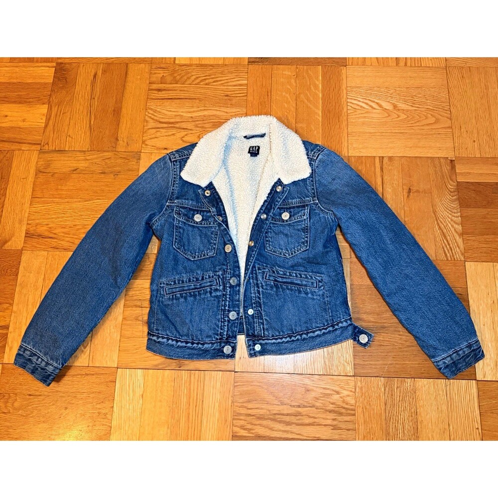 GAP Kids XL Blue Denim Sherpa Lined Button Jacket w/ Pockets